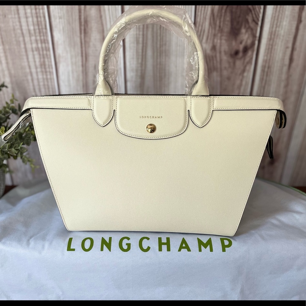 Longchamp Le Pilage Heritage Saffiano Leather Satchel Tote Shoulder Bag ECRU